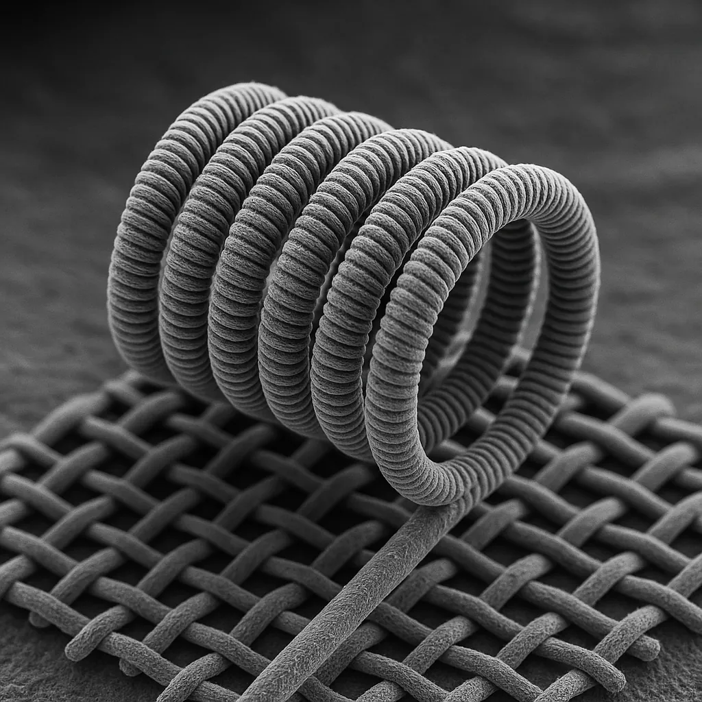 Electron micrograph of mesh coil microstructure showing uniform lattice and pore geometry