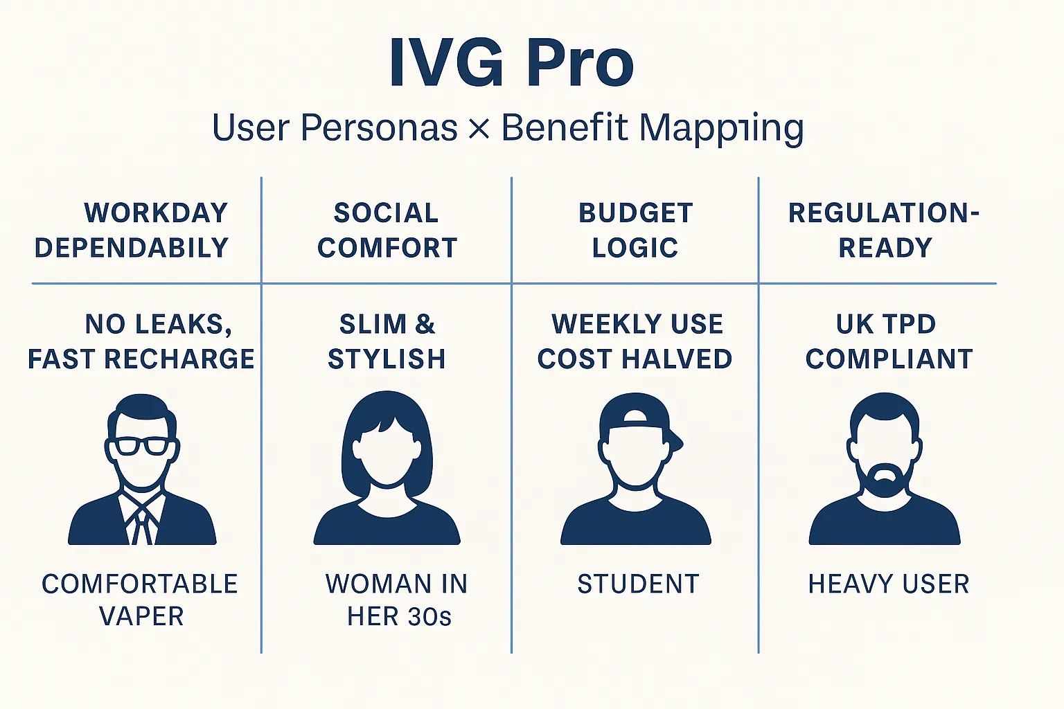Infographic: IVG Pro user personas versus key benefits
