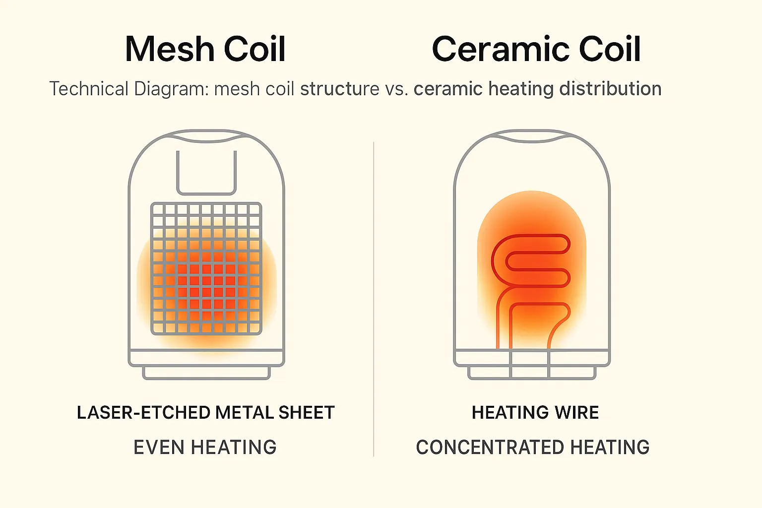 Technical diagram: mesh coil even heating vs ceramic hot spots
