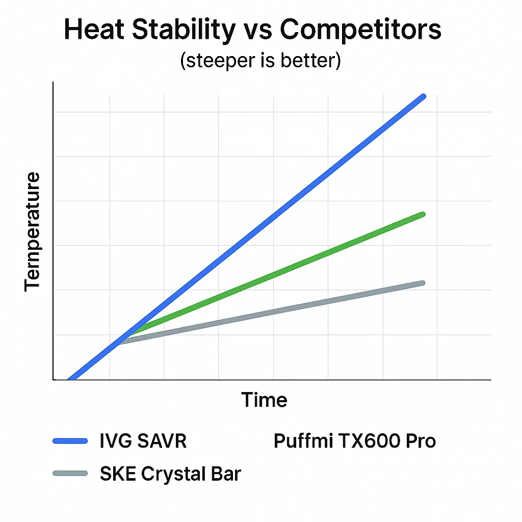 Line graph showing IVG SAVR maintaining stable temperature at 230°C while ELFA drifts upward over 600 puffs